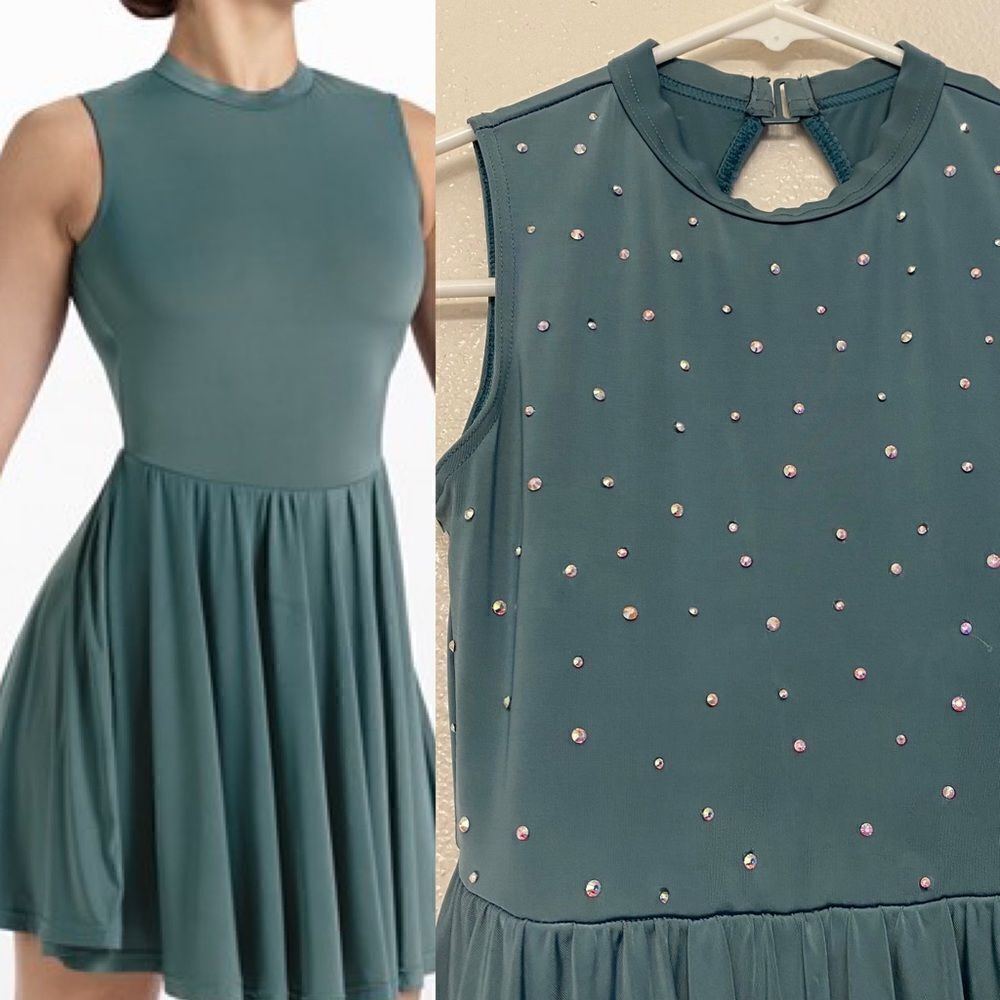 WEISSMAN Dance Costume Sage green Keyhole Back Skater Dress rhinestone D11782 IC